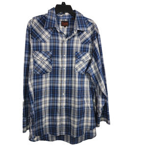 Plains Western Wear Men Plaid Pearl Snap Shirt Pockets Long Sleeve Blue XL Light